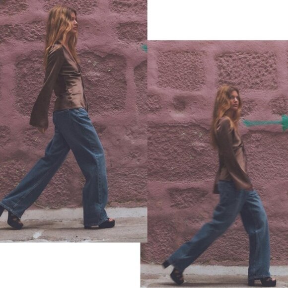 ZARA WOMAN CHOCOLATE BROWN SATIN BLOUSE SHIRT PEEP HOLE TIE BOW FLARE SLEEVE L - Picture 5 of 16